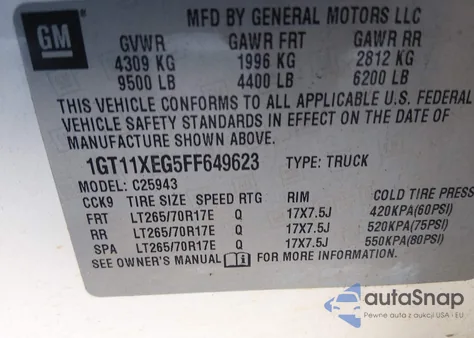 2015 GMC Sierra 2500Hd z USA, uszkodzony, nr VIN 1GT11XEG5FF649623